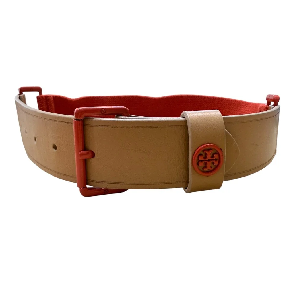 Tory Burch Women's Kiley Stretch Belt XXS Tan Orange Leather Fabric Stretch - Picture 2 of 9